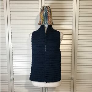 NWT Handmade Crocheted Navy Multicolor Textured Beanie & Scarf 57”